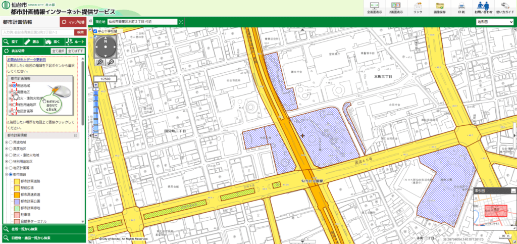 仙台市都市計画情報インターネット提供サービスのサンプル画像および地下鉄構造物位置の確認方法.pdfへのリンク