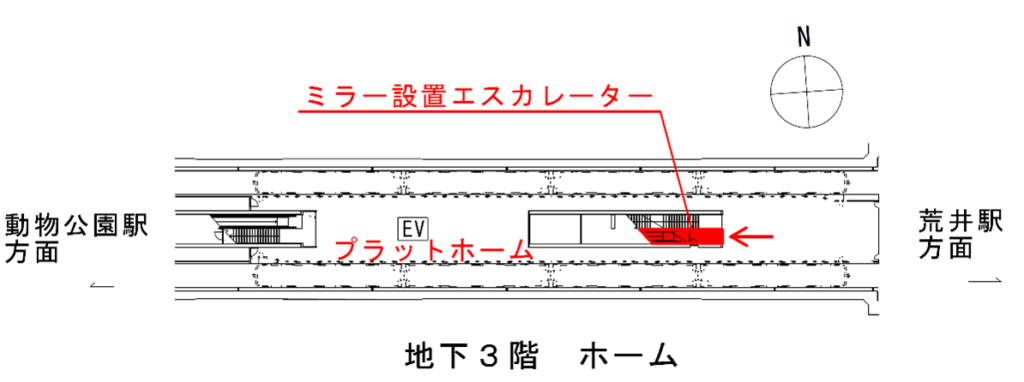 東西線六丁の目駅のミラー設置エスカレーター
