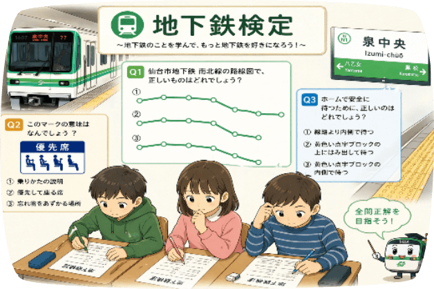 仙台市地下鉄にまつわるクイズに挑戦しているこども